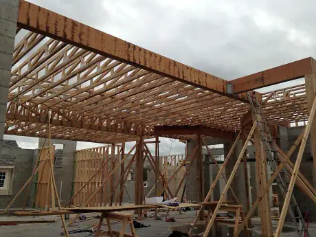 Engineered roof trusses set in a grid over the wood stud walls of a custom home